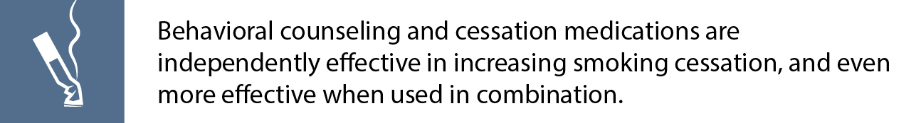 Behavioral counseling and cessation medications are independently effective in increasing smoking cessation, and even more effective when used in combination