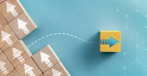 blue arrow veering from pack of white arrows signifying how novel approaches to tobacco cessation are not always alligned with what science says helps people quit tobacco