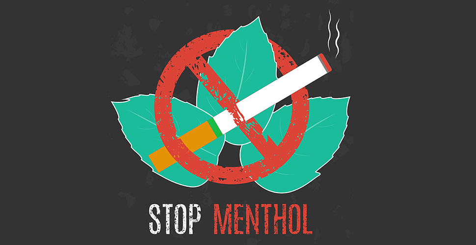 leave with cigarette and red circle to represent the menthol ban and to promote reduced nicotine cigarettes