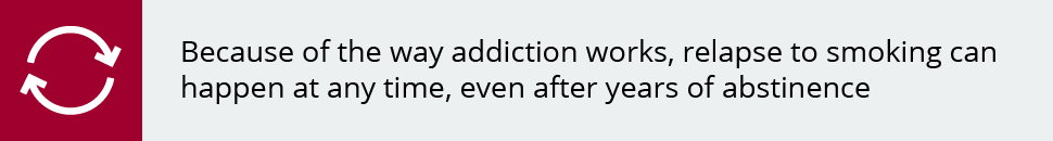 • Because of the way addiction works, relapse to smoking can happen at any time, even after years of abstinence