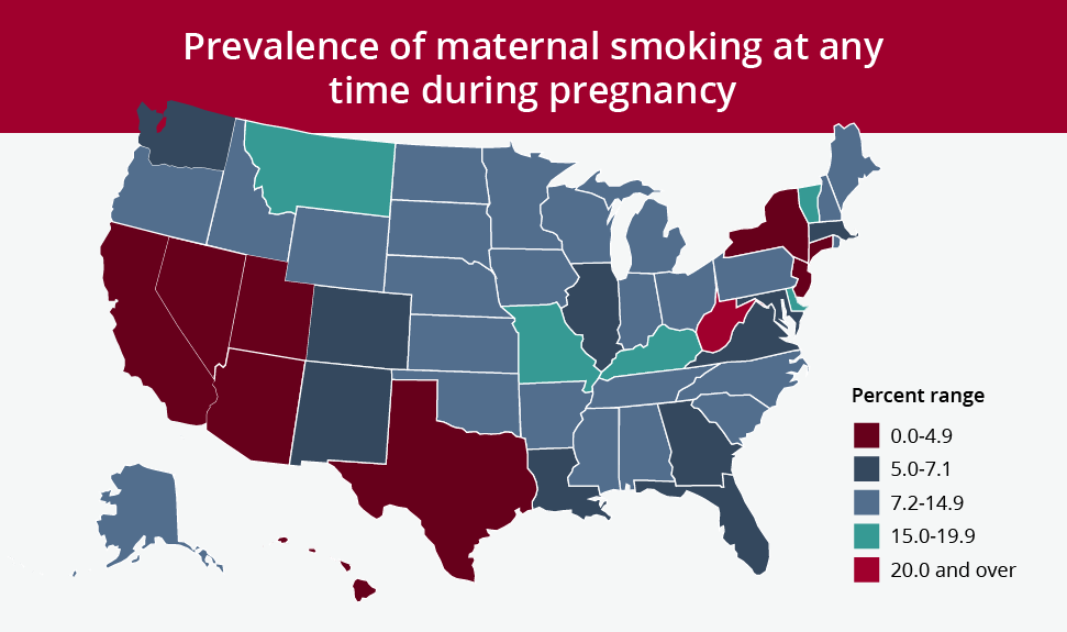 U.S. map showing prevalence of maternal smoking at any time during pregnancy
