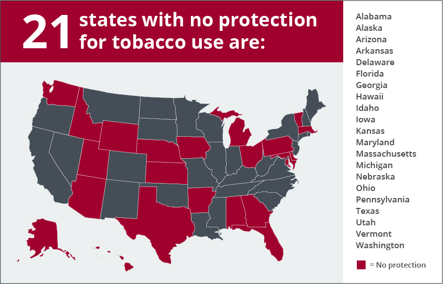 map of the U.S. that illustrates the 21 states with no protection for tobacco use in the workplace