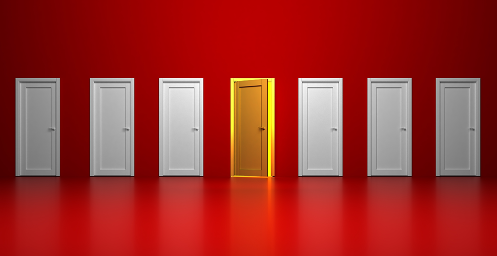 multiple doors with one ajar to illustrate how organizations need help in choosing a digital health platform