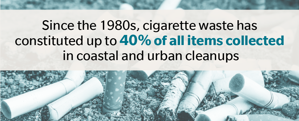 Since the 1980s, cigarette waste has constituted up to 40% of all items collected in costal and urban cleanups