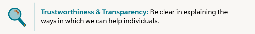 Trustworthiness & Transparency: Be clear in explaining the ways in which we can help individuals.