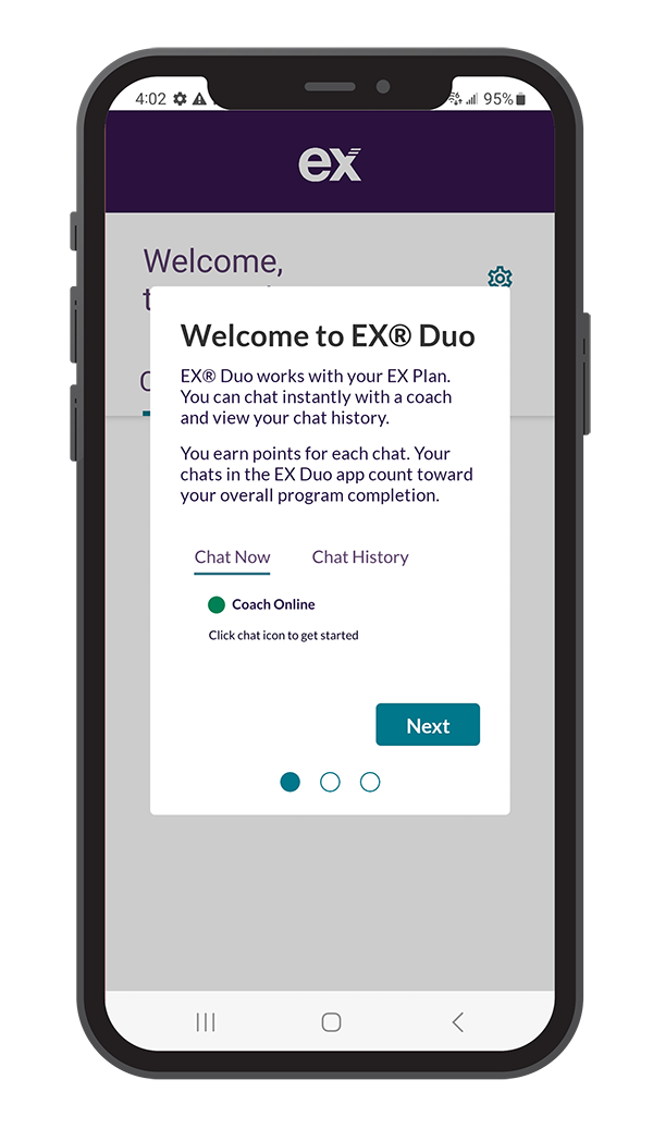mobile device showing the welcome screen for the EX Program mobile app