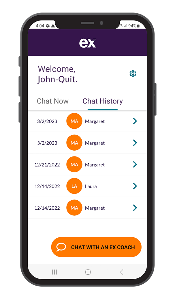 mobile phone showing the chat history feature on the EX Program mobile app