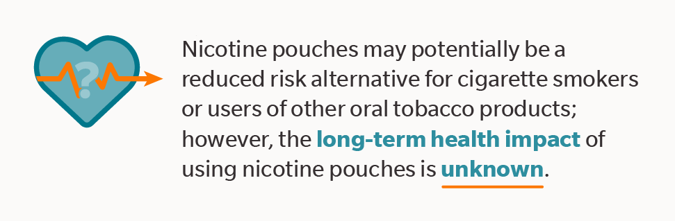 Pouches may potentially be a reduced risk alternative for cigarette smokers or users of other tobacco products; however, the long-term health impact of using them is unknown.