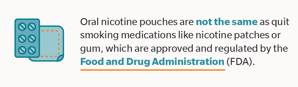 Oral nicotine pouches are not the same as quit smoking medications like nicotine patches or gum, which are approved and regulated by the Food and Drug Administration (FDA).