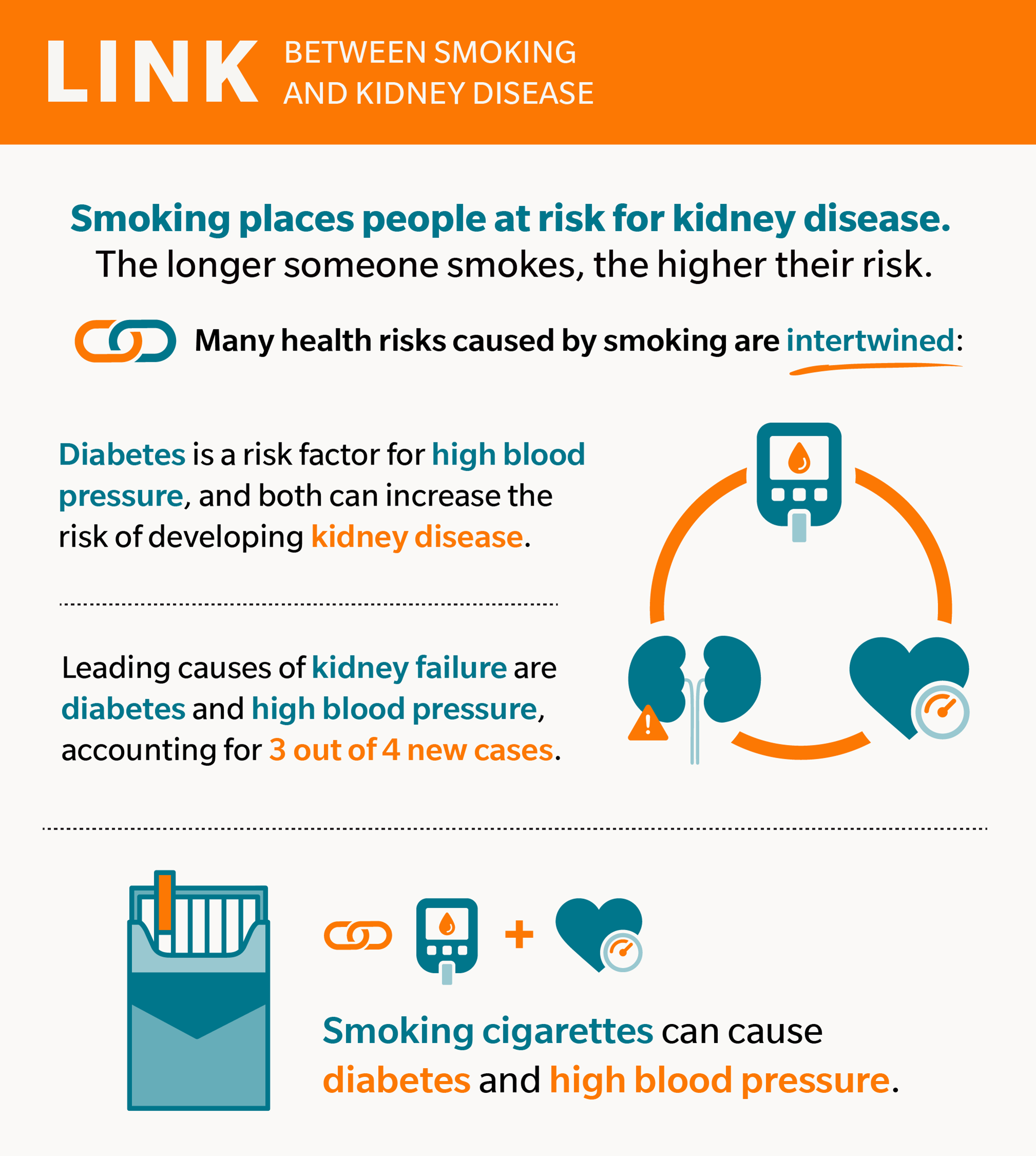 Smoking can lead to a decrease in renal function, placing people at risk for kidney disease.  And the longer someone smokes, the higher their risk for developing kidney disease. Many of the health risks caused by smoking are intertwined. For example, diabetes is a risk factor for high blood pressure, and both can increase the risk of developing kidney disease. In fact, the leading causes of kidney failure are diabetes and high blood pressure, accounting for 3 out of 4 new cases. Smoking cigarettes can cause diabetes and high blood pressure.